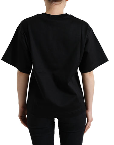 Black cotton Dolce & Gabbana crystal crewneck T-shirt with graphic design and short sleeves, casual men's fashion top.