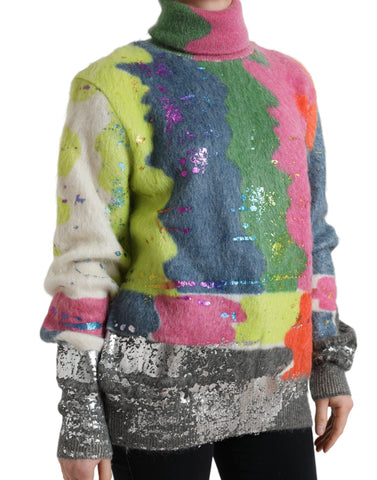 Multicolor mohair turtleneck pullover sweater by Dolce & Gabbana, featuring vibrant knit pattern and cozy fit.