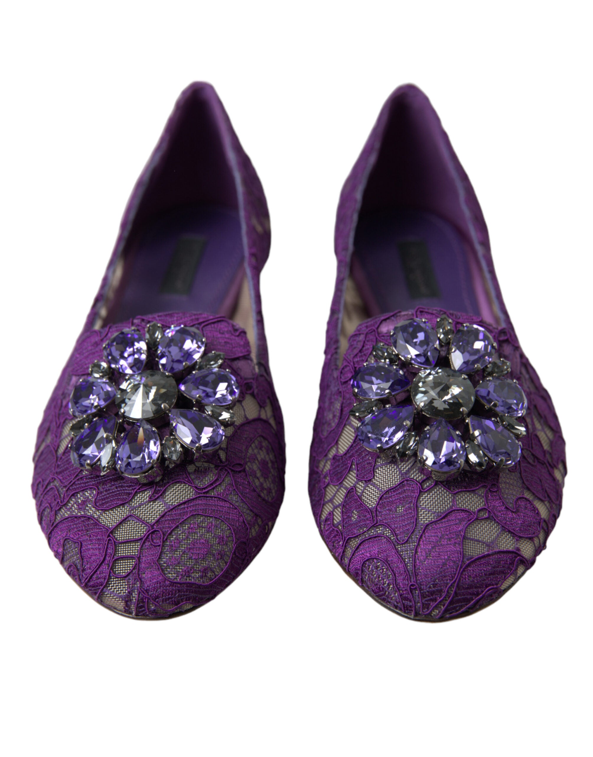 Purple Vally Taormina lace flats shoes by Dolce & Gabbana with crystal embellishments, featuring a elegant lace design and pointed toe.