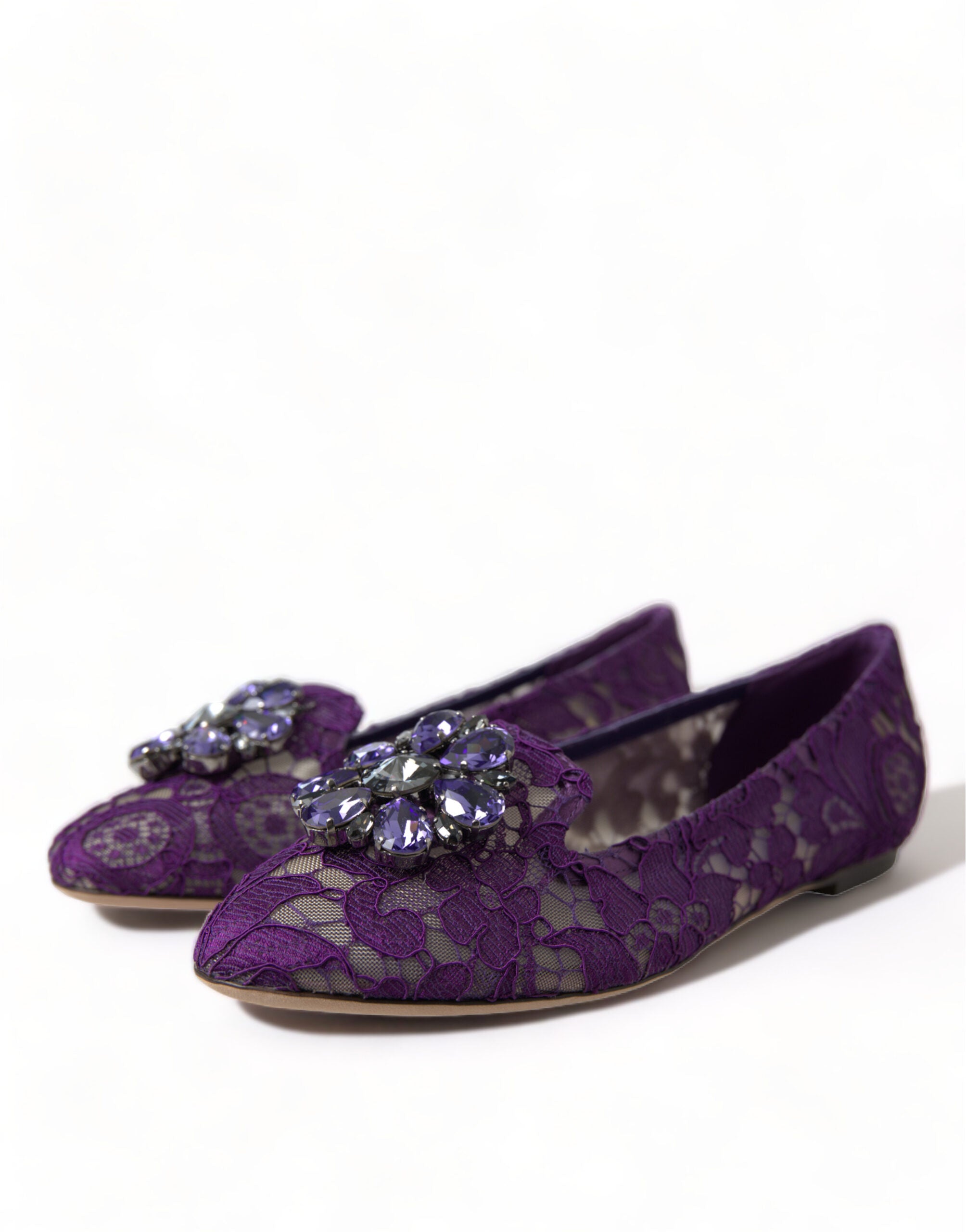 Purple Vally Taormina lace flats shoes by Dolce & Gabbana with crystal embellishments, showcasing elegant, feminine footwear.
