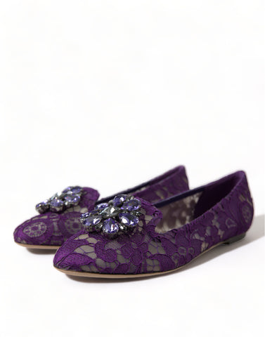 Purple Vally Taormina lace flats shoes by Dolce & Gabbana with crystal embellishments, showcasing elegant, feminine footwear.