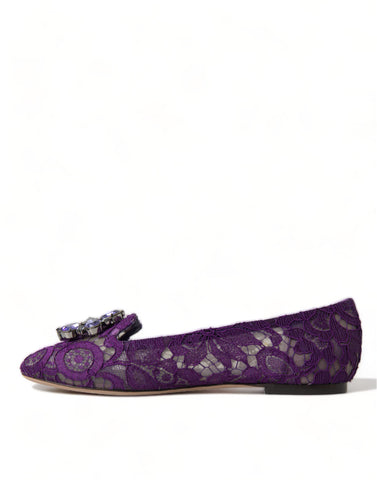 Purple Vally Taormina lace flats shoes by Dolce & Gabbana with crystal embellishments, featuring a sleek, elegant design.