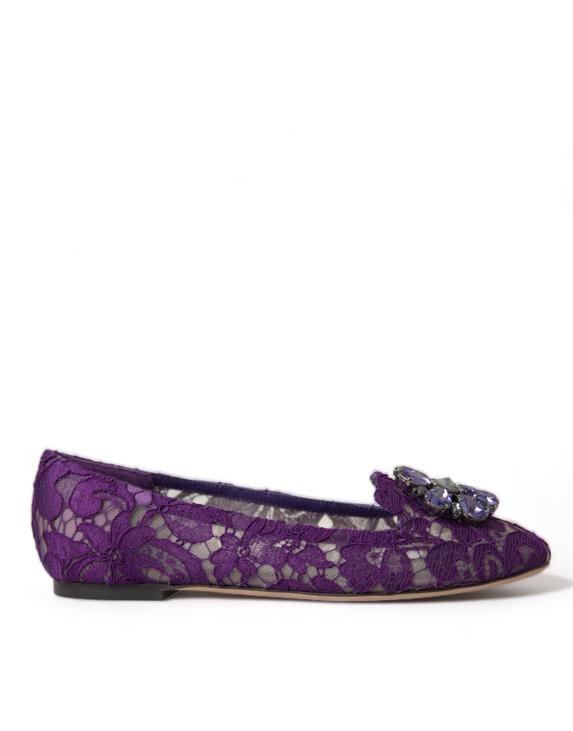 Dolce & Gabbana Purple Vally Taormina lace flats shoes with crystal embellishments, featuring a elegant slip-on design.