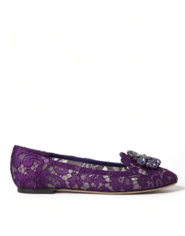 Dolce & Gabbana Purple Vally Taormina lace flats shoes with crystal embellishments, featuring a elegant slip-on design.