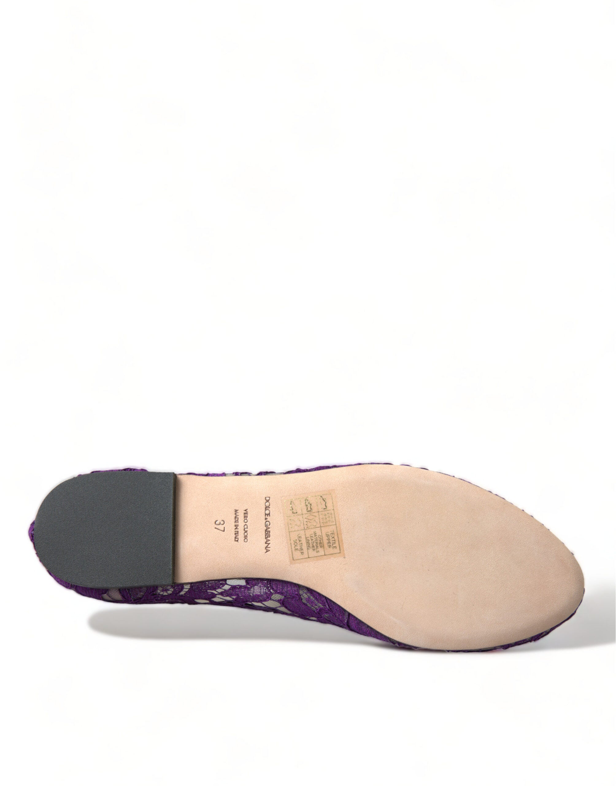Dolce & Gabbana Purple Vally Taormina lace flats shoes with crystal embellishments, featuring a elegant slip-on design.
