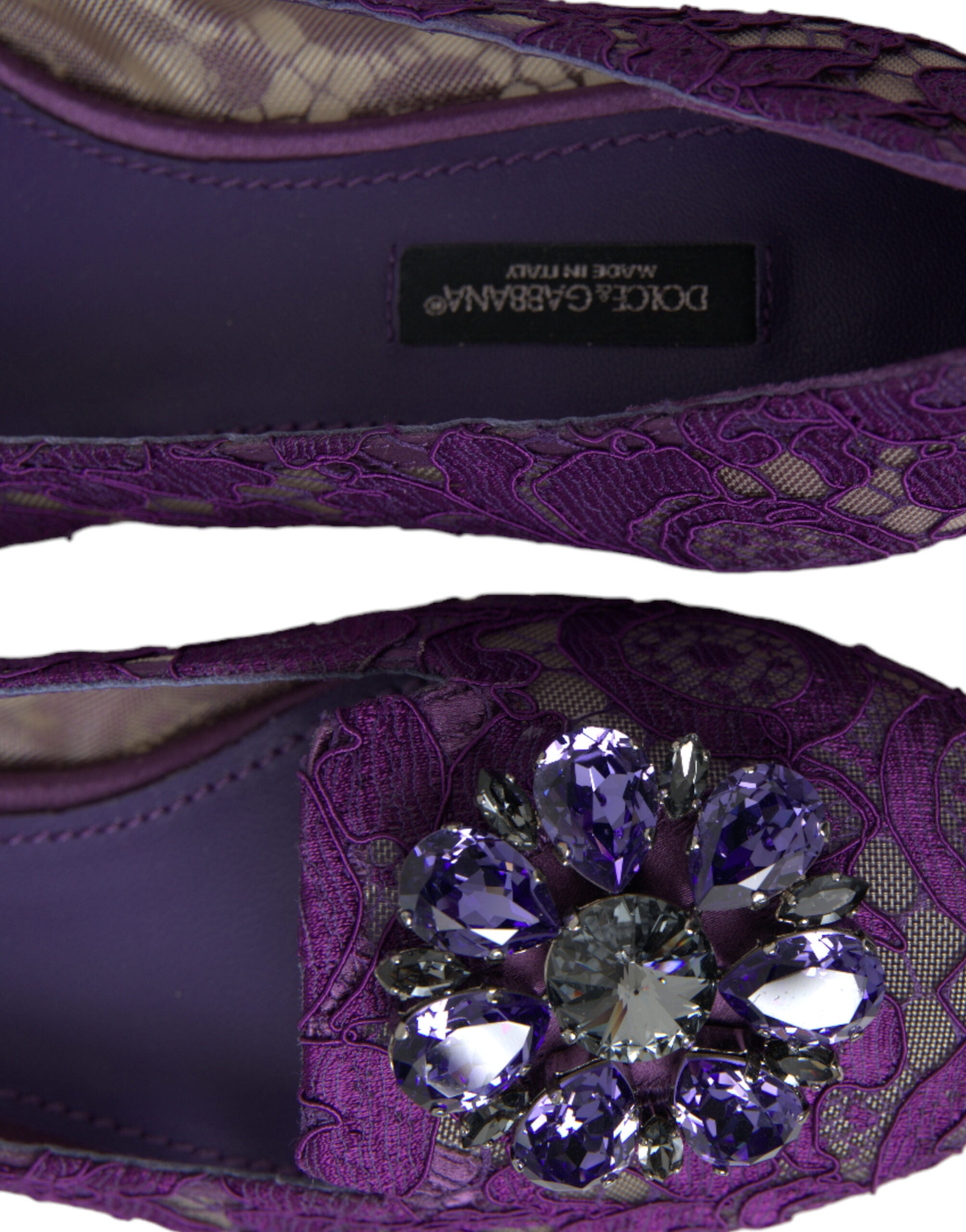 Purple Vally Taormina lace flats shoes with crystal embellishments by Dolce & Gabbana, featuring a elegant design and pointed toe.