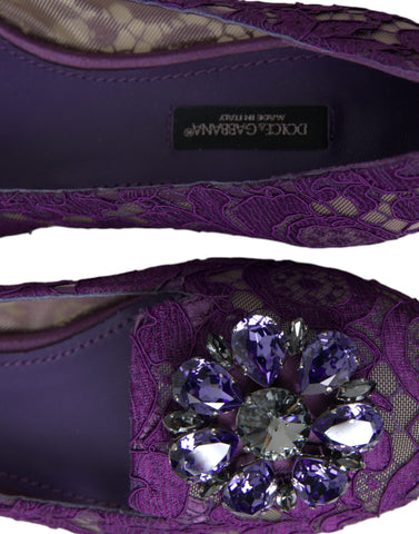 Purple Vally Taormina lace flats shoes with crystal embellishments by Dolce & Gabbana, featuring a elegant design and pointed toe.