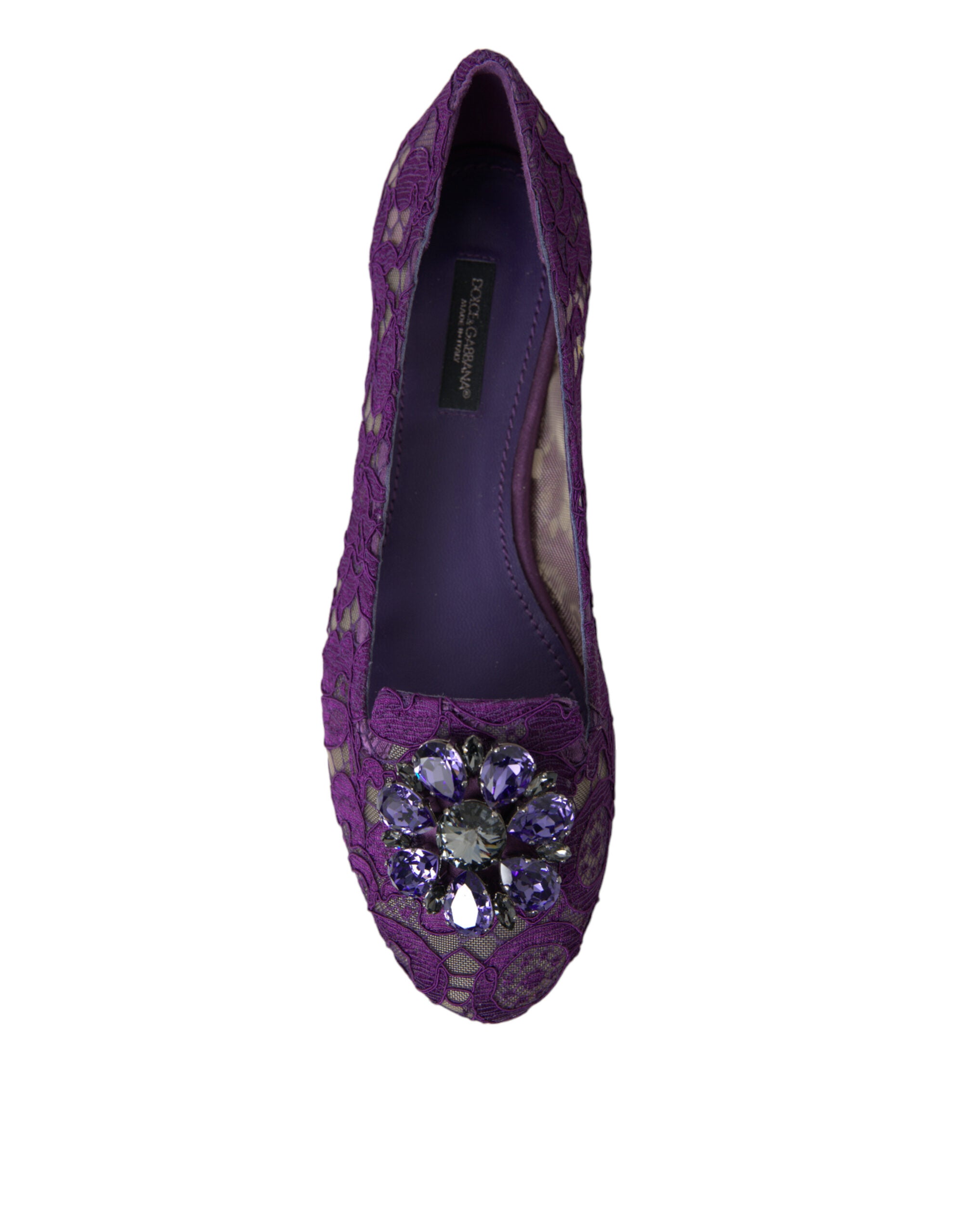 Purple Vally Taormina lace flats shoes with crystal embellishments by Dolce & Gabbana, featuring elegant lace design and pointed toe.