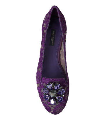 Purple Vally Taormina lace flats shoes with crystal embellishments by Dolce & Gabbana, featuring elegant lace design and pointed toe.
