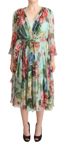 Multicolor green floral silk wrap midi dress by Dolce & Gabbana, featuring a vibrant floral pattern and elegant design.