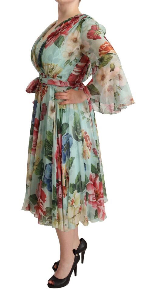 Multicolor green floral silk wrap midi dress by Dolce & Gabbana, featuring vibrant patterns and elegant design.
