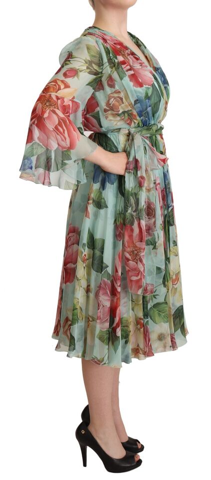Multicolor green floral silk wrap midi dress by Dolce & Gabbana, featuring vibrant floral patterns and a flowing silhouette.