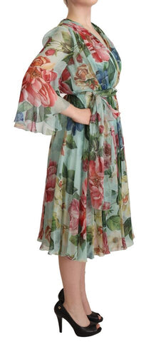 Multicolor green floral silk wrap midi dress by Dolce & Gabbana, featuring vibrant floral patterns and a flowing silhouette.
