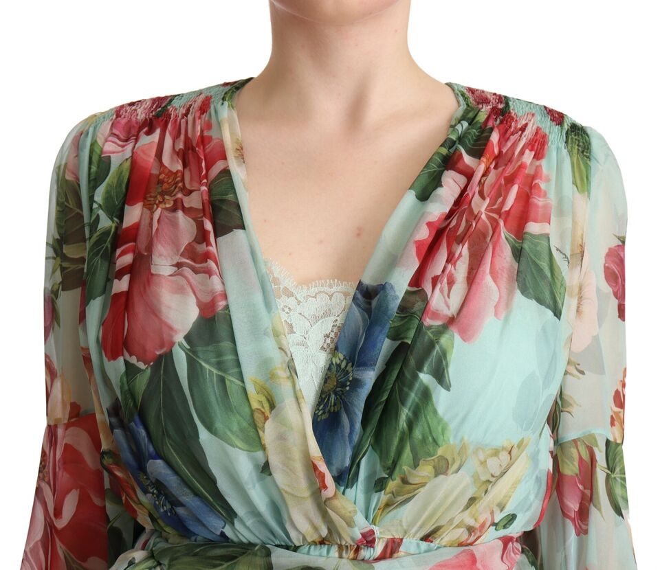 Multicolor green floral silk wrap midi dress by Dolce & Gabbana, featuring a flowing design and vibrant floral pattern.