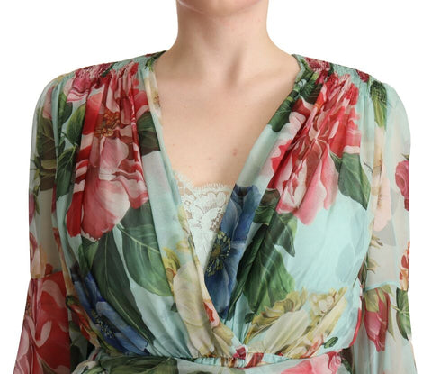 Multicolor green floral silk wrap midi dress by Dolce & Gabbana, featuring a flowing design and vibrant floral pattern.