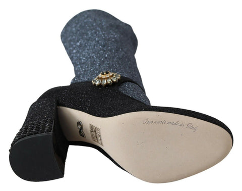 Black crystal Mary Jane booties shoes by Dolce & Gabbana with rounded toe and strap, stylishly displayed on a white background.
