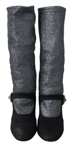 Black crystal Mary Janes booties shoes by Dolce & Gabbana featuring glossy black leather and sparkling crystal accents.
