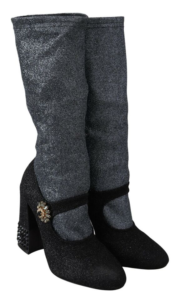 Black crystal Mary Jane booties by Dolce & Gabbana featuring shiny crystal embellishments and classic T-strap design.