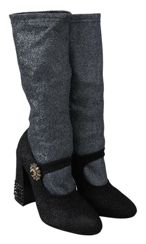Black crystal Mary Jane booties by Dolce & Gabbana featuring shiny crystal embellishments and classic T-strap design.