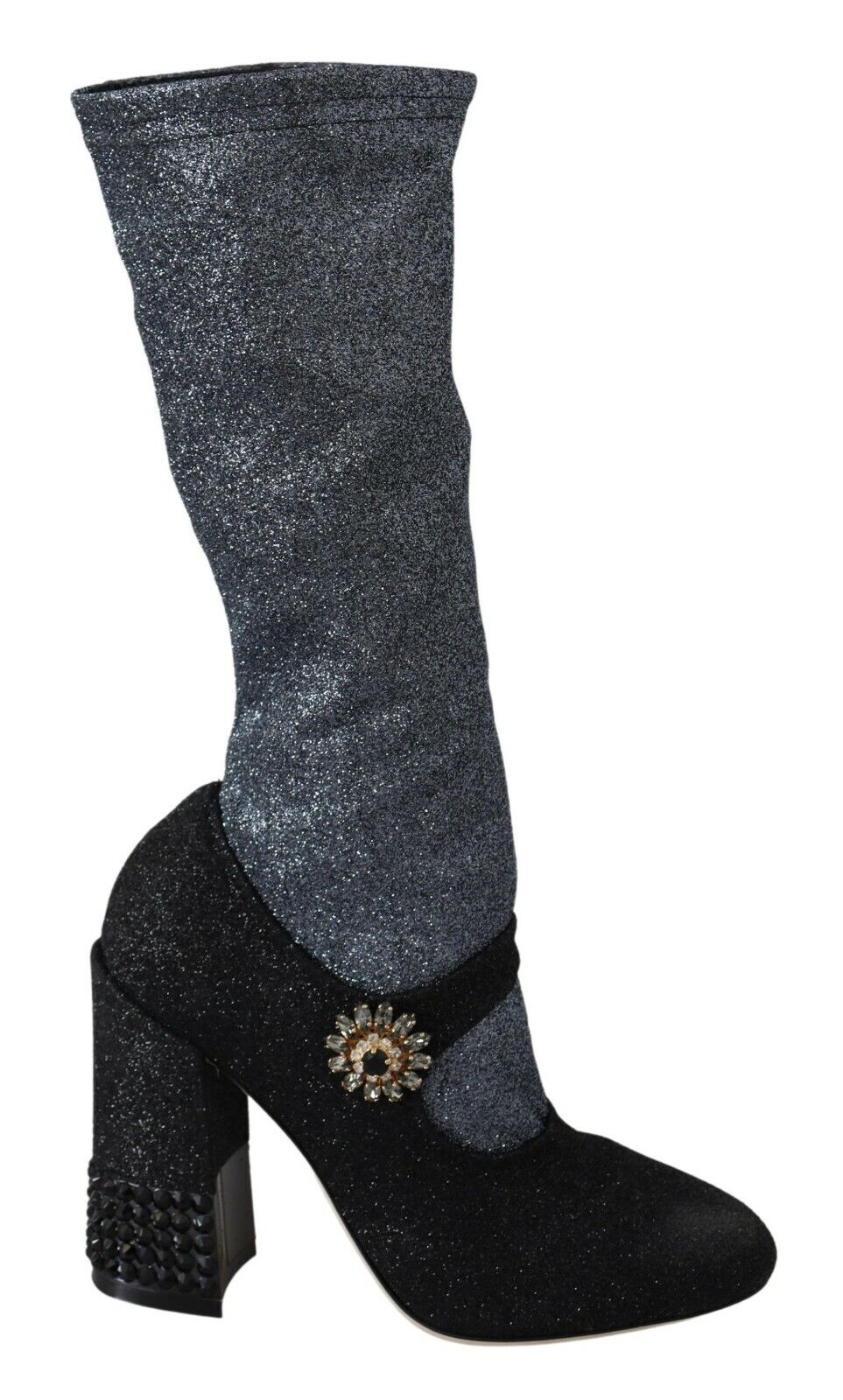Black crystal Mary Janes booties shoes by Dolce & Gabbana featuring glossy black leather and sparkling crystal embellishments.