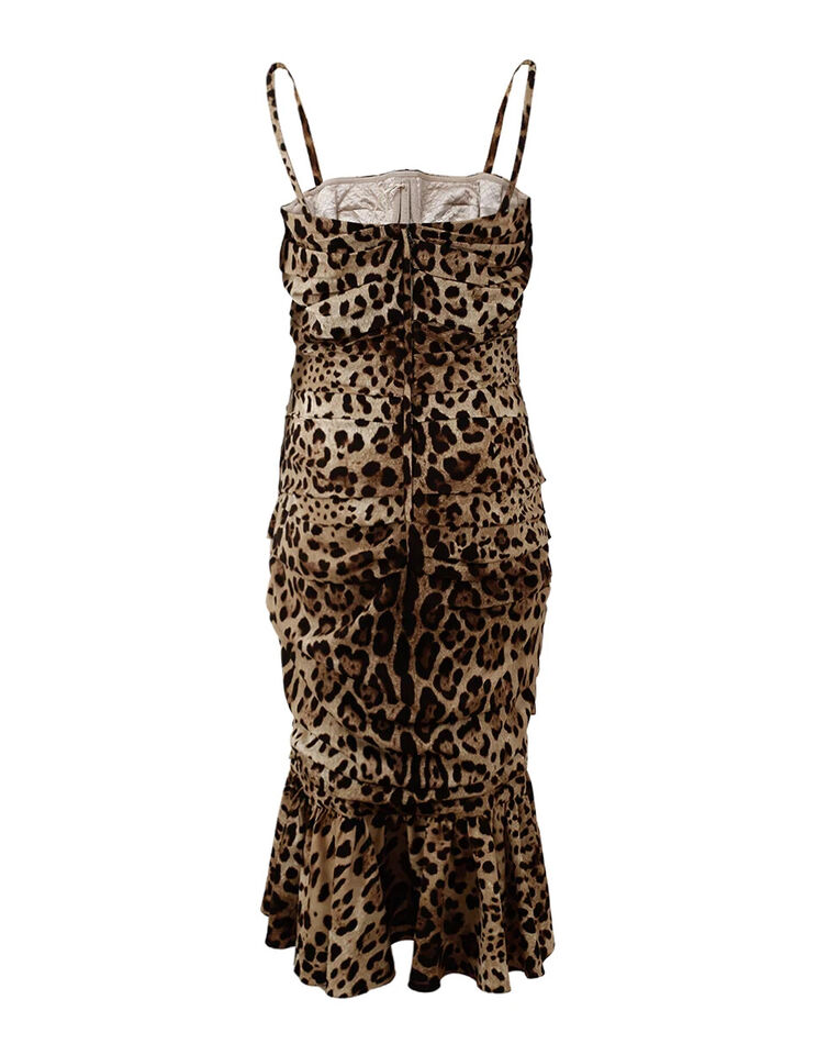 Brown leopard print ruched midi dress by Dolce & Gabbana featuring a fitted silhouette and stylish design.