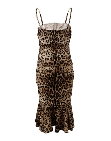 Brown leopard print ruched midi dress by Dolce & Gabbana featuring a fitted silhouette and stylish design.