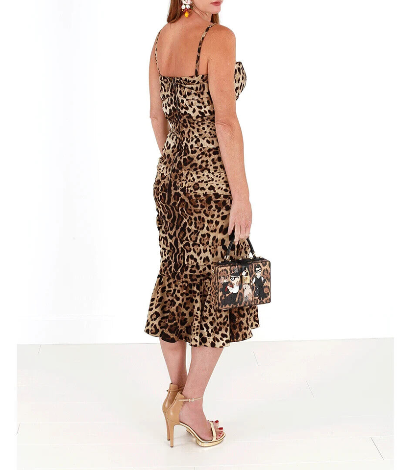 Brown leopard print ruched midi dress by Dolce & Gabbana, featuring a fitted silhouette and stylish design.