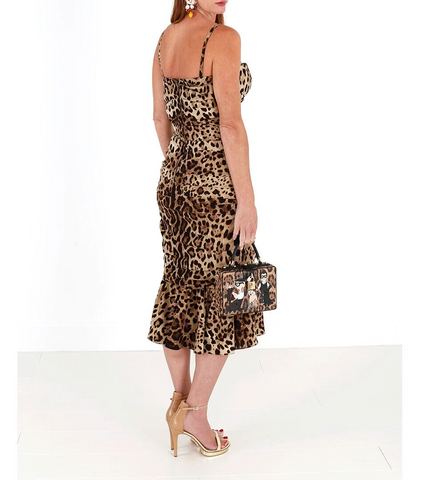 Brown leopard print ruched midi dress by Dolce & Gabbana, featuring a fitted silhouette and stylish design.