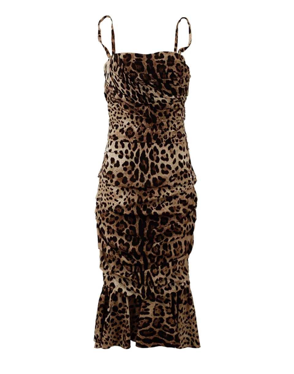 Brown leopard print ruched midi dress by Dolce & Gabbana, showing the fitted silhouette and ruched details.