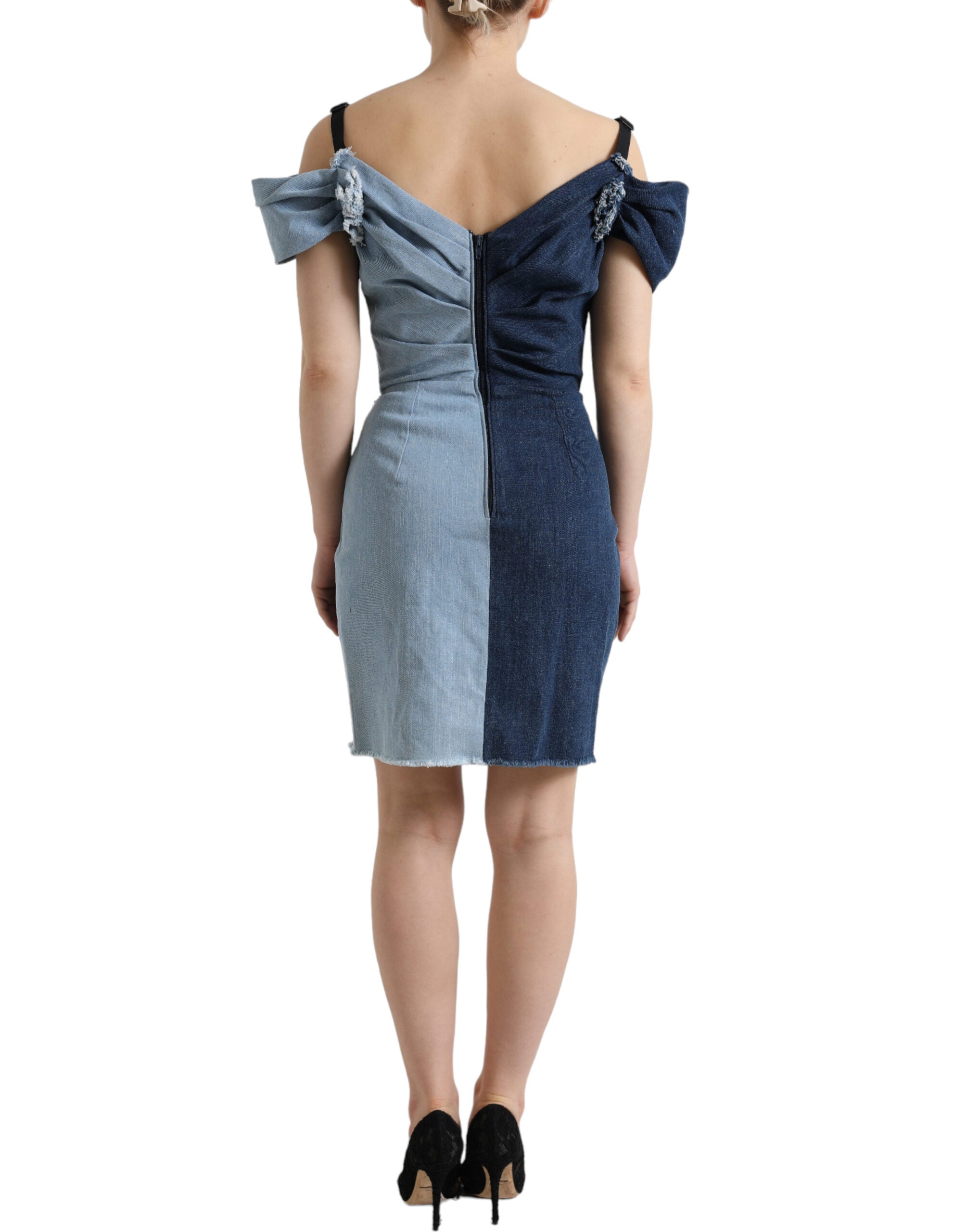 Blue patchwork two-tone denim mini dress by Dolce & Gabbana, featuring a stylish, fitted design with short sleeves and a round neckline.