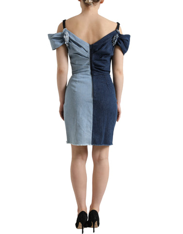 Blue patchwork two-tone denim mini dress by Dolce & Gabbana, featuring a stylish, fitted design with short sleeves and a round neckline.