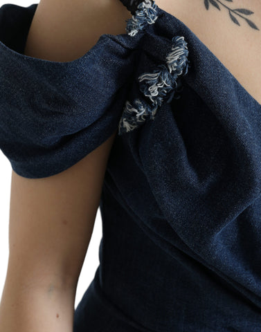 Blue patchwork two-tone denim mini dress by Dolce & Gabbana, featuring a fitted silhouette and stylish design.
