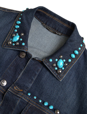 Blue denim jacket with turquoise stone studs by Dolce & Gabbana, featuring a stylish, embellished design and classic fit.