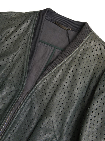 Green perforated leather bomber jacket by Dolce & Gabbana, featuring a stylish, textured design with a front zipper and ribbed cuffs.