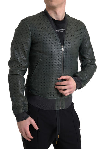 Green perforated leather bomber jacket by Dolce & Gabbana with a sleek, stylish design and detailed perforation pattern.
