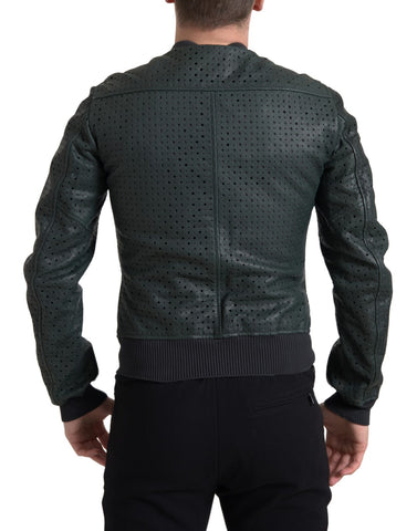 Green perforated leather bomber jacket by Dolce & Gabbana, showing detailed perforation and classic bomber style.