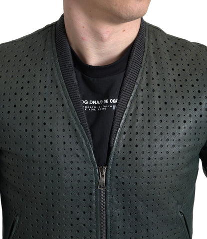 Green perforated leather bomber jacket by Dolce & Gabbana with a classic fit and stylish design.