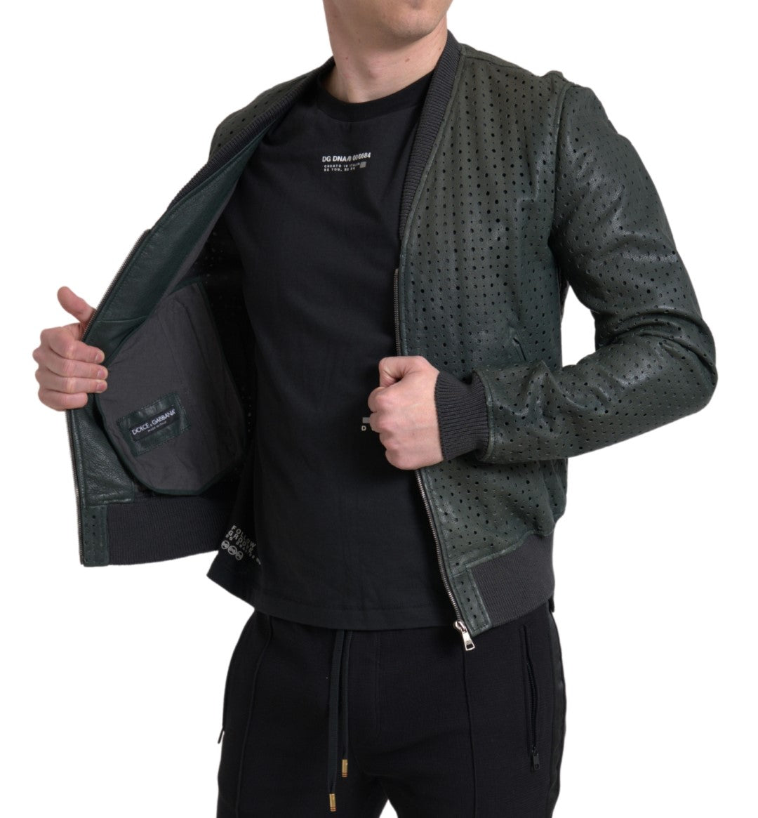 Green perforated leather bomber jacket by Dolce & Gabbana with ribbed cuffs and collar, stylish and lightweight for a modern look.