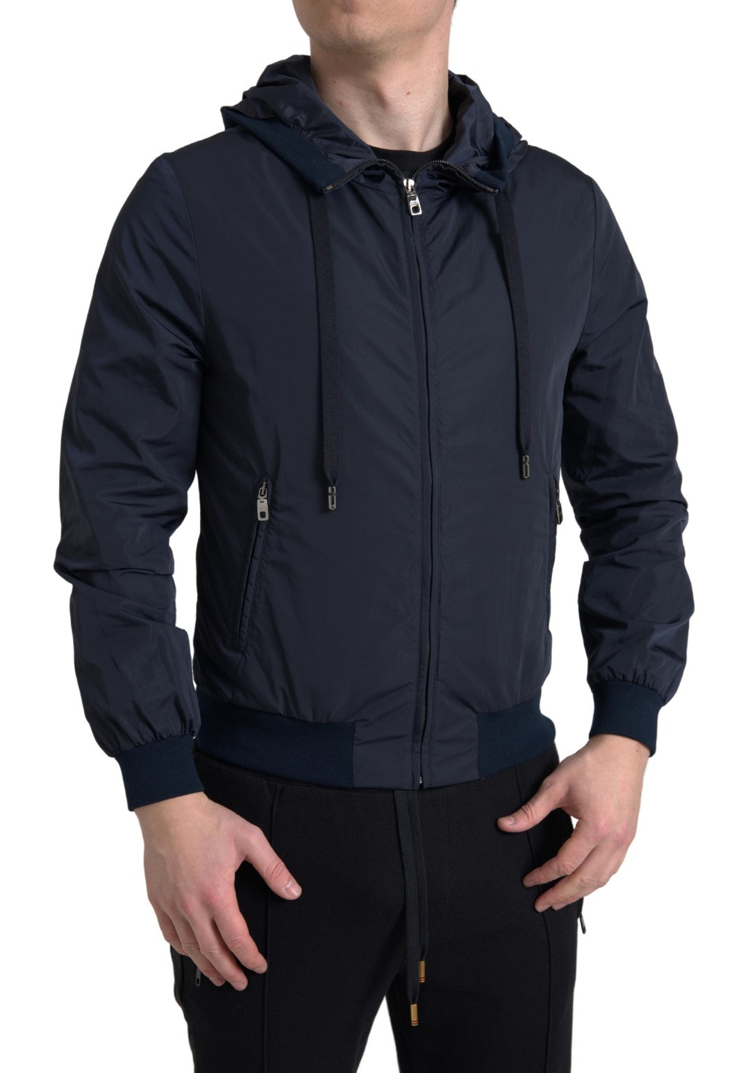 Blue hooded full-zip sweater with logo design, made of polyester by Dolce & Gabbana, displayed on a plain background.