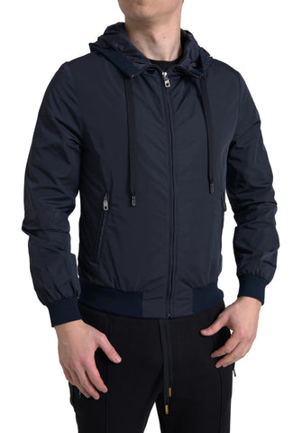 Blue hooded full-zip sweater with logo design, made of polyester by Dolce & Gabbana, displayed on a plain background.