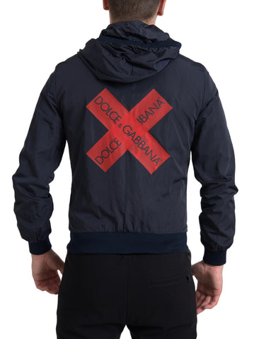 Blue Dolce & Gabbana hooded logo polyester full zip sweater with front pockets and ribbed cuffs.