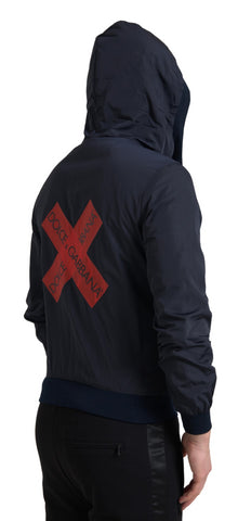 Blue Dolce & Gabbana hooded logo polyester full-zip sweater with front pockets and ribbed cuffs, casual and stylish for everyday wear.