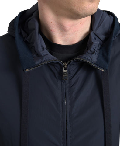 Blue Dolce & Gabbana hooded logo polyester full zip sweater with front pocket and adjustable hood.