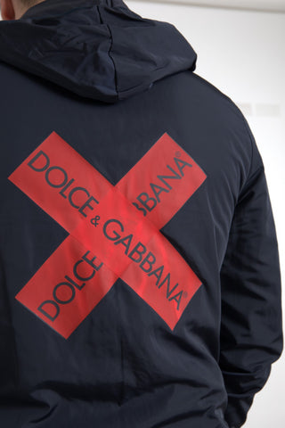Blue hooded polyester full-zip sweater with logo from Dolce & Gabbana, featuring a casual, sporty design.
