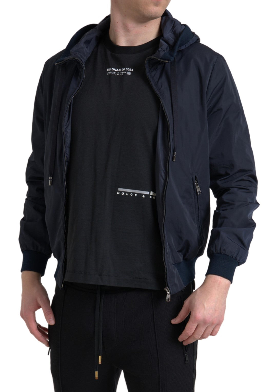Blue Dolce & Gabbana hooded logo polyester full-zip sweater with front pockets and ribbed cuffs.