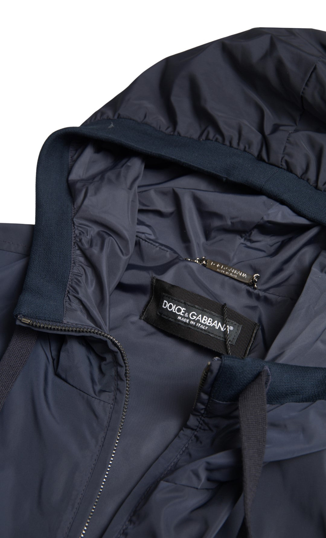 Blue hooded logo polyester full-zip sweater by Dolce & Gabbana, featuring a front zip closure and branded logo on the chest.