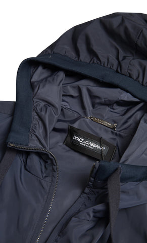 Blue hooded logo polyester full-zip sweater by Dolce & Gabbana, featuring a front zip closure and branded logo on the chest.