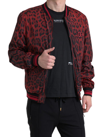 Red leopard print bomber short coat jacket by Dolce & Gabbana, featuring a stylish design and lightweight fabric.