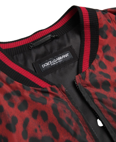 Red leopard print Dolce & Gabbana bomber short coat jacket with a fitted design and stylish collar.