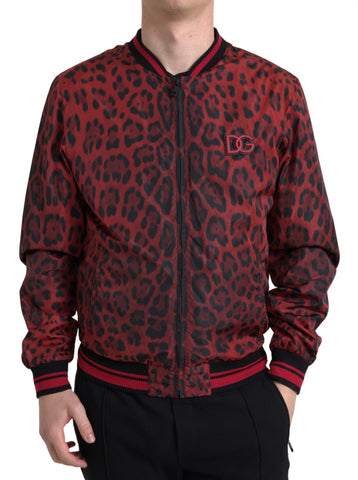 Red leopard print bomber short coat jacket by Dolce & Gabbana with a fitted collar and stylish design.
